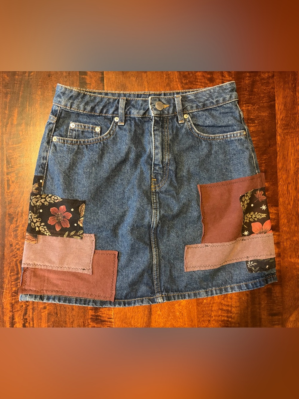 Upcycled Patchwork Distressed Dark Blue Denim Mini Shirt Women's Size 4